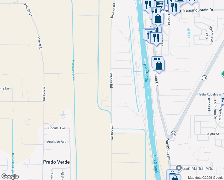 map of restaurants, bars, coffee shops, grocery stores, and more near 6576-6676 Strahan Road in El Paso