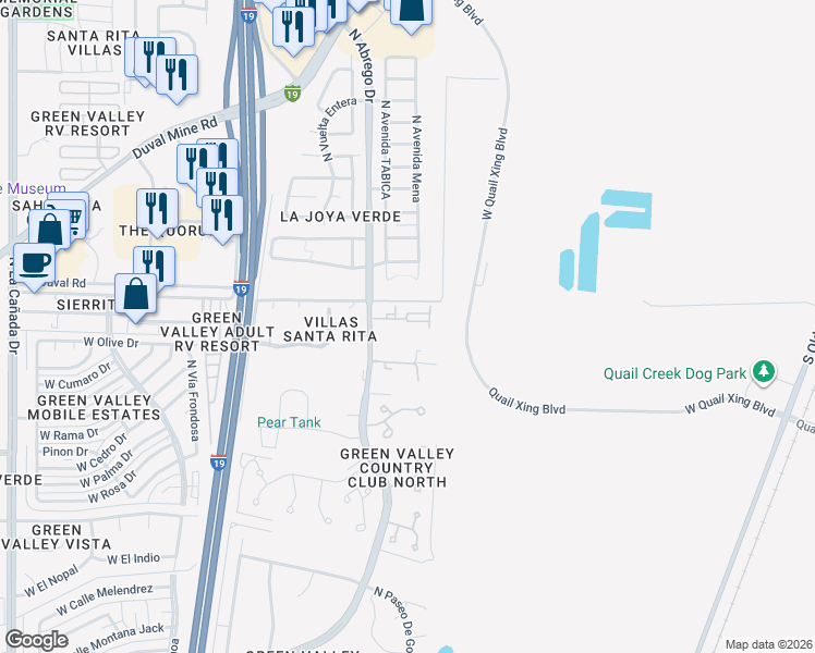 map of restaurants, bars, coffee shops, grocery stores, and more near 351 East Vía Terrenal in Green Valley