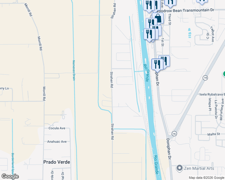map of restaurants, bars, coffee shops, grocery stores, and more near 6576-6676 Strahan Road in El Paso