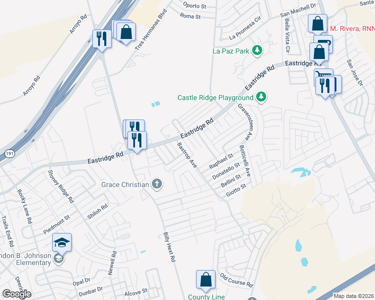 map of restaurants, bars, coffee shops, grocery stores, and more near 3402 Bastrop Avenue in Odessa