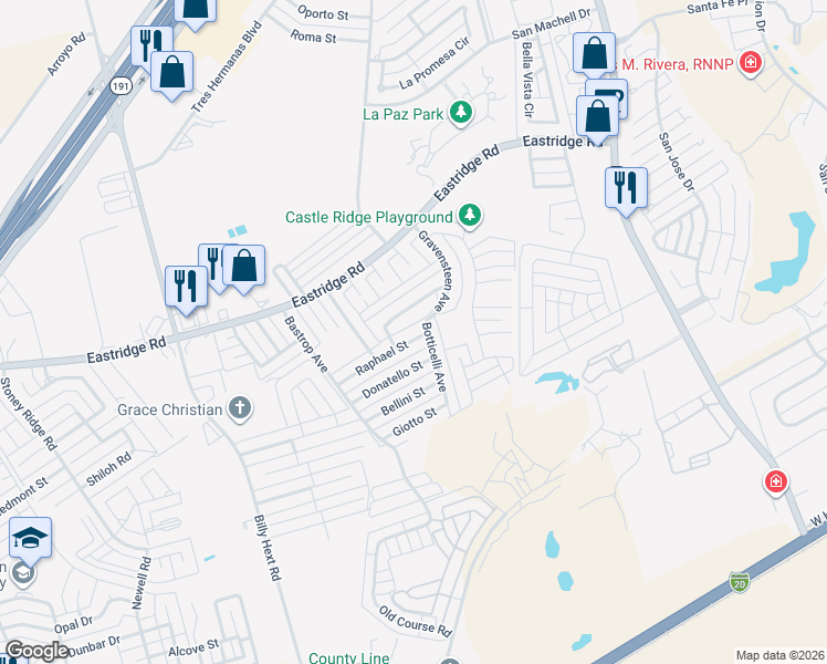 map of restaurants, bars, coffee shops, grocery stores, and more near 7313 Raphael Street in Odessa