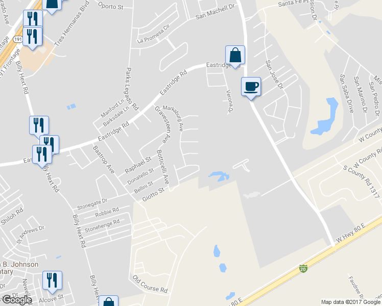 map of restaurants, bars, coffee shops, grocery stores, and more near Oxwich Street in Odessa
