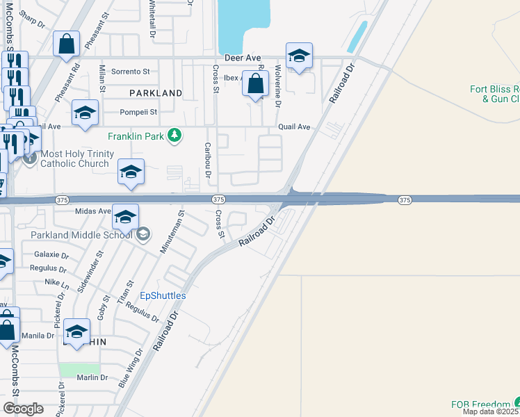 map of restaurants, bars, coffee shops, grocery stores, and more near 9981 Marine Circle in El Paso