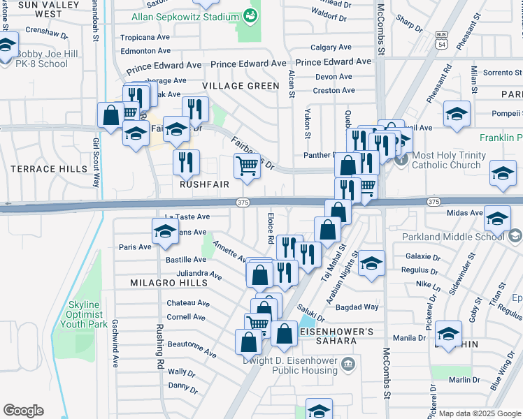 map of restaurants, bars, coffee shops, grocery stores, and more near 9940 Bourbon Street in El Paso