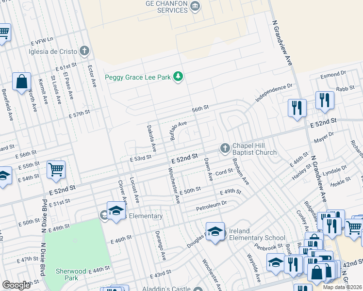 map of restaurants, bars, coffee shops, grocery stores, and more near Sioux Ave in Odessa