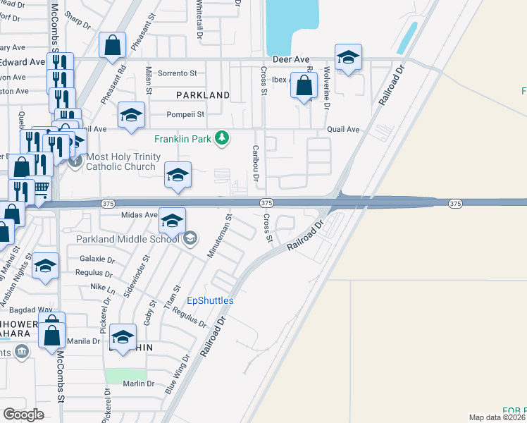 map of restaurants, bars, coffee shops, grocery stores, and more near 9953 Marine Circle in El Paso