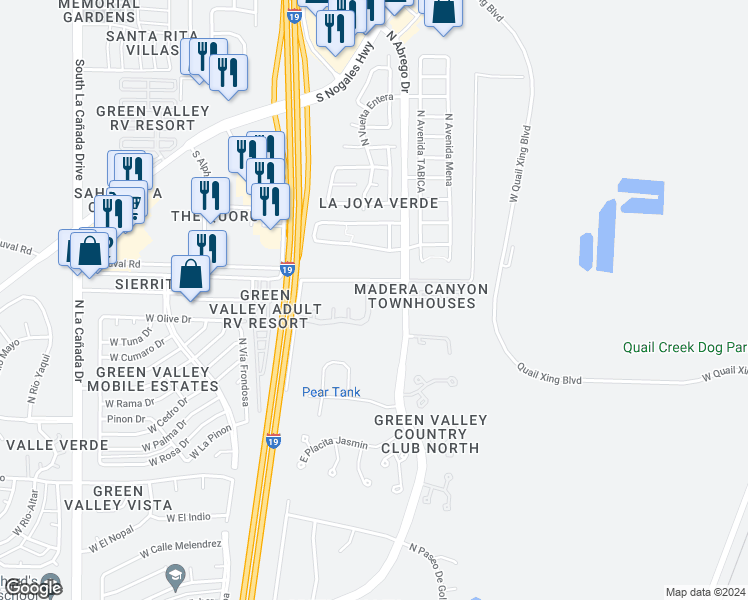 map of restaurants, bars, coffee shops, grocery stores, and more near 186 East Camino De Diana in Green Valley