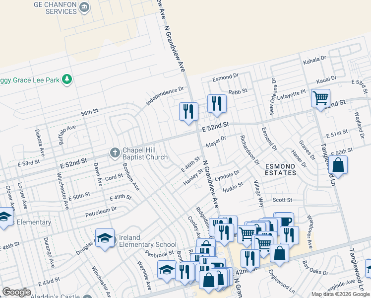 map of restaurants, bars, coffee shops, grocery stores, and more near 2220 East 52nd Street in Odessa