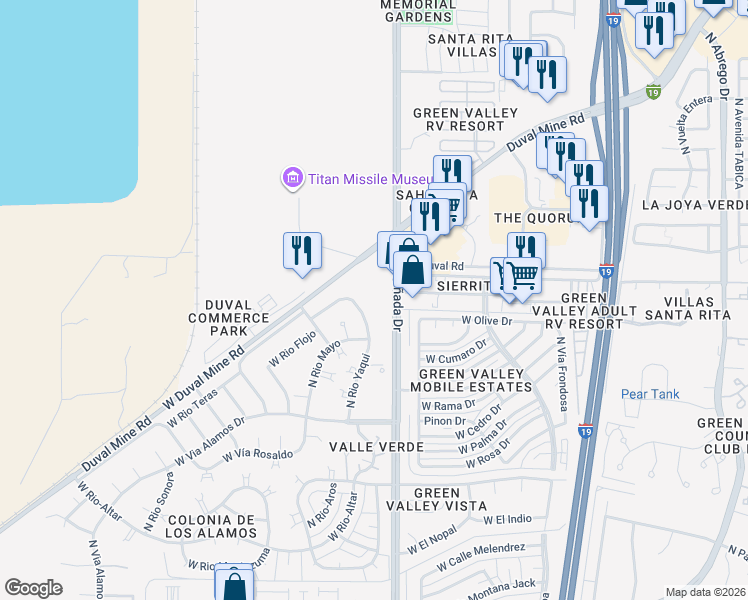 map of restaurants, bars, coffee shops, grocery stores, and more near 1919 North La Cañada Drive in Green Valley