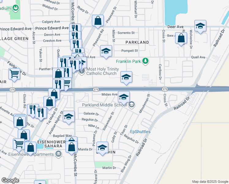 map of restaurants, bars, coffee shops, grocery stores, and more near 5961 Midas Avenue in El Paso