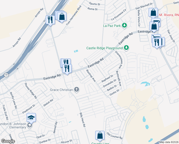 map of restaurants, bars, coffee shops, grocery stores, and more near 3402 Bastrop Avenue in Odessa