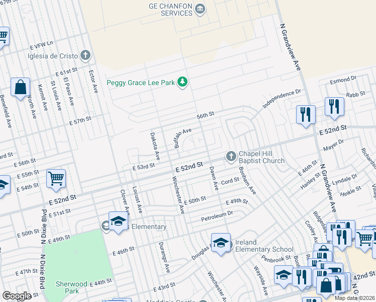 map of restaurants, bars, coffee shops, grocery stores, and more near Sioux Avenue in Odessa
