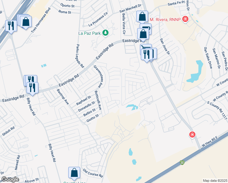 map of restaurants, bars, coffee shops, grocery stores, and more near 7605 Oxwich Street in Odessa