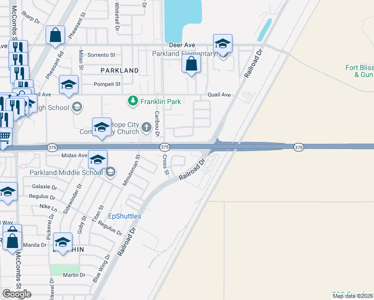 map of restaurants, bars, coffee shops, grocery stores, and more near 9981 Marine Circle in El Paso