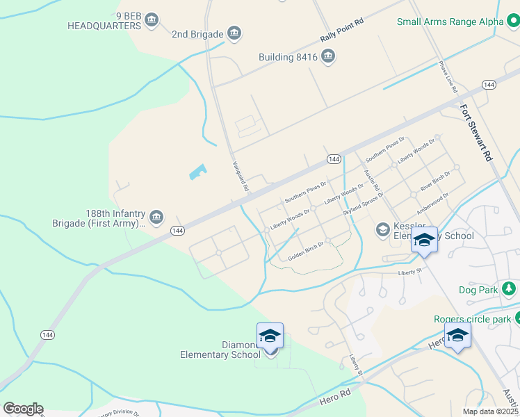 map of restaurants, bars, coffee shops, grocery stores, and more near 2-112 Southern Pines Drive in Fort Stewart