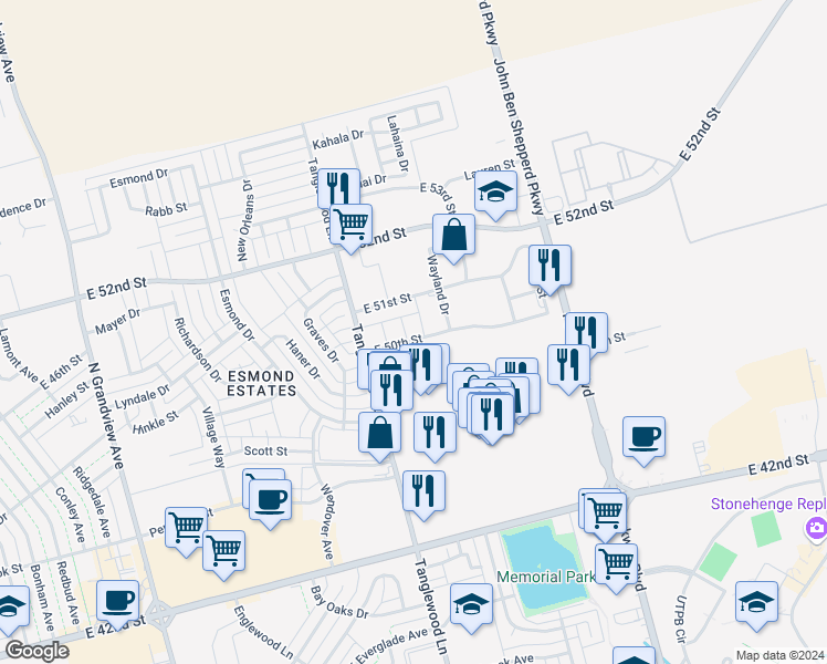 map of restaurants, bars, coffee shops, grocery stores, and more near 22 East 50th Street in Odessa