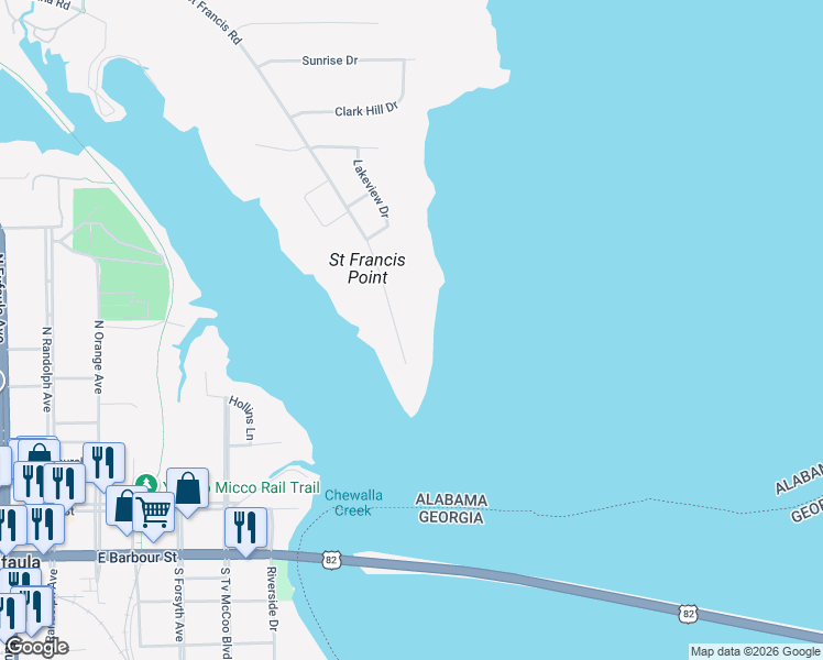 map of restaurants, bars, coffee shops, grocery stores, and more near 509 Saint Francis Road in Eufaula