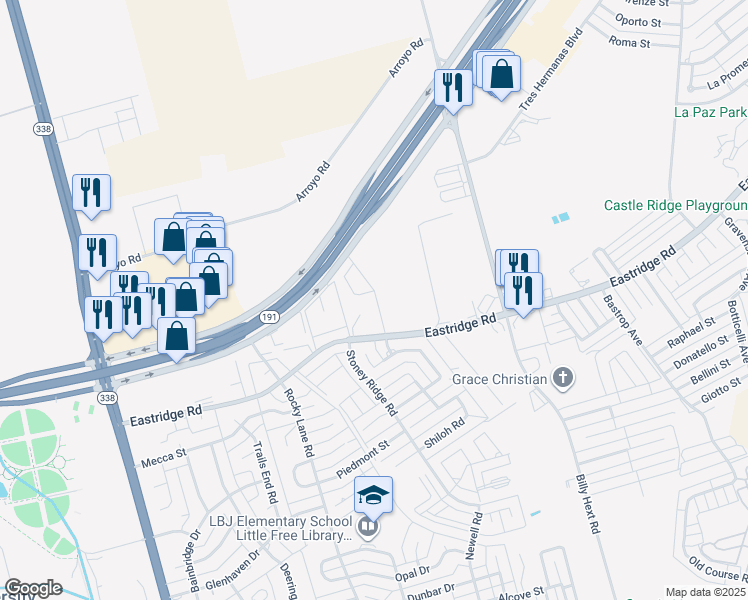 map of restaurants, bars, coffee shops, grocery stores, and more near 6701 Eastridge Road in Odessa