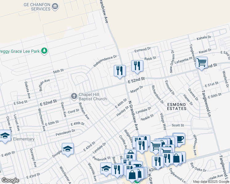 map of restaurants, bars, coffee shops, grocery stores, and more near 2220 East 52nd Street in Odessa
