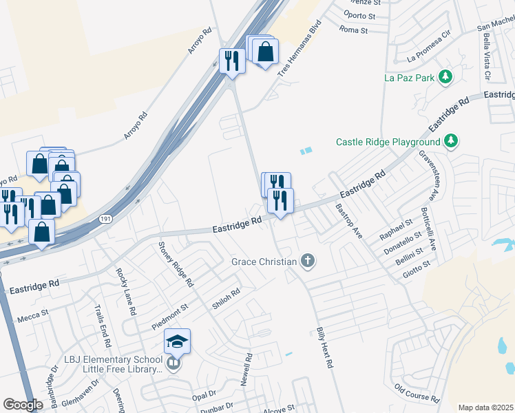 map of restaurants, bars, coffee shops, grocery stores, and more near 6840 Eastridge Road in Odessa
