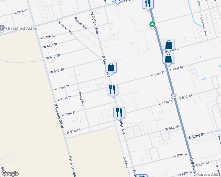 map of restaurants, bars, coffee shops, grocery stores, and more near 5951-6009 North Golder Avenue in Odessa