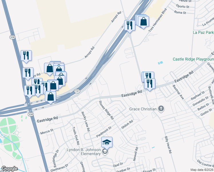 map of restaurants, bars, coffee shops, grocery stores, and more near 6701 Eastridge Road in Odessa