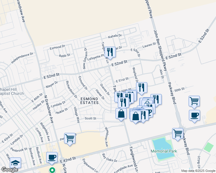 map of restaurants, bars, coffee shops, grocery stores, and more near 32 Graves Court in Odessa