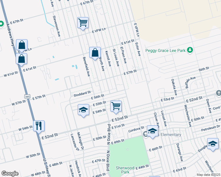 map of restaurants, bars, coffee shops, grocery stores, and more near 5600 Fort Worth Avenue in Odessa