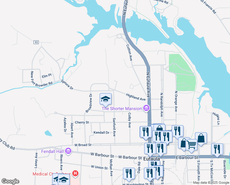 map of restaurants, bars, coffee shops, grocery stores, and more near 411 Highland Avenue in Eufaula