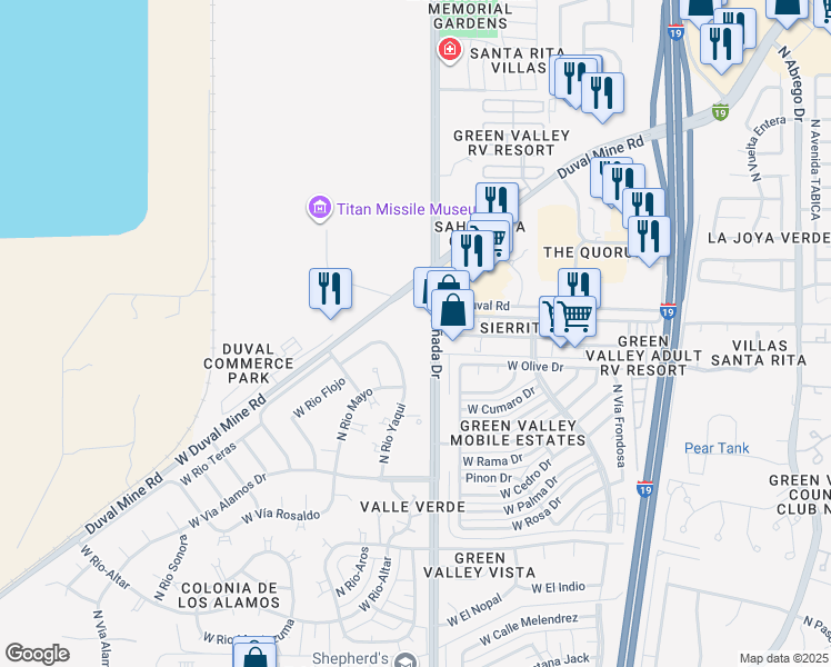 map of restaurants, bars, coffee shops, grocery stores, and more near 1919 North La Cañada Drive in Green Valley
