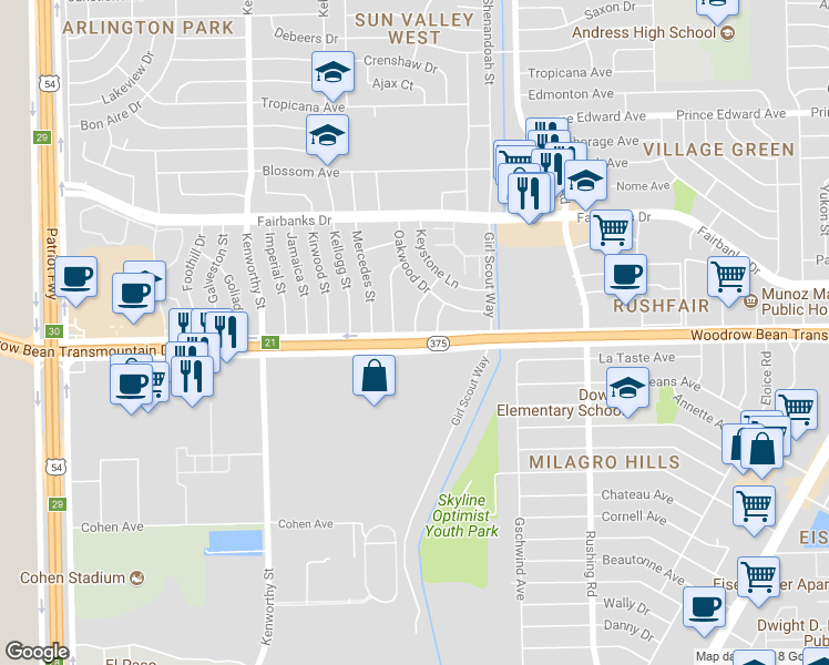 map of restaurants, bars, coffee shops, grocery stores, and more near 6101 Odessa Lane in El Paso