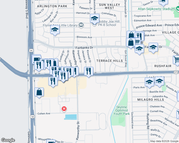 map of restaurants, bars, coffee shops, grocery stores, and more near 10001 Kirwood Street in El Paso
