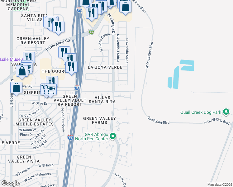 map of restaurants, bars, coffee shops, grocery stores, and more near 277 East Vía Terrenal in Green Valley