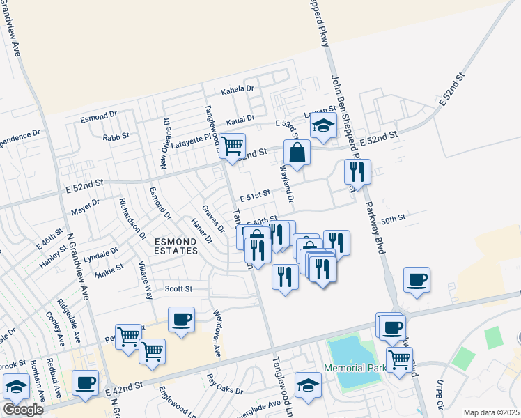 map of restaurants, bars, coffee shops, grocery stores, and more near 4100 East 50th Street in Odessa