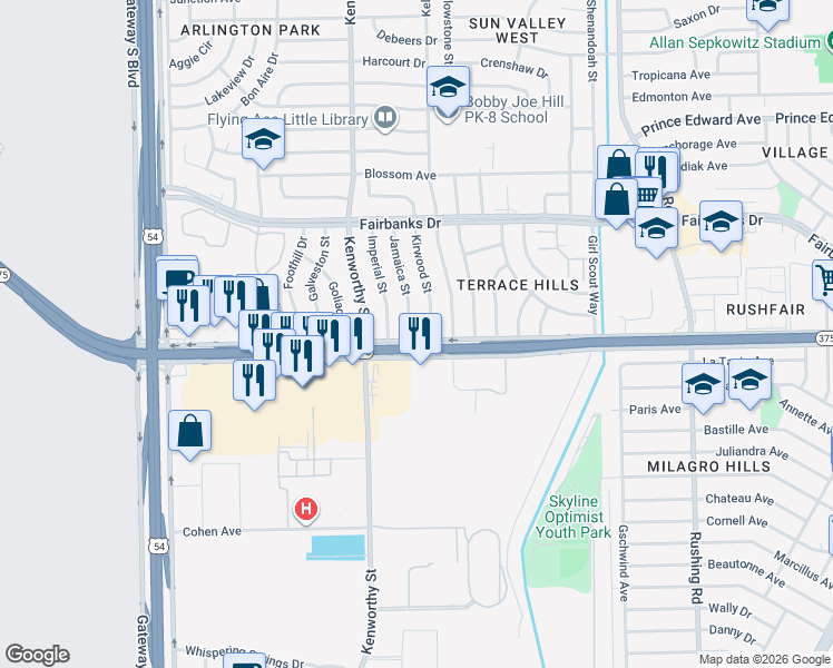 map of restaurants, bars, coffee shops, grocery stores, and more near 10001 Kirwood Street in El Paso