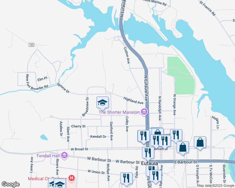 map of restaurants, bars, coffee shops, grocery stores, and more near 411 Highland Avenue in Eufaula