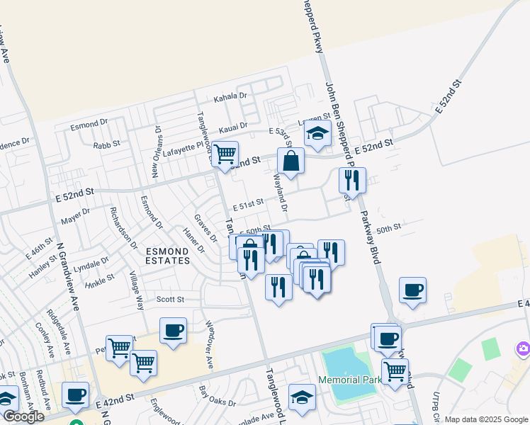 map of restaurants, bars, coffee shops, grocery stores, and more near 22 East 50th Street in Odessa