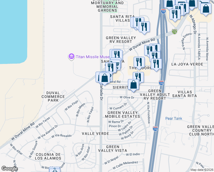 map of restaurants, bars, coffee shops, grocery stores, and more near 1930 North La Cañada Drive in Green Valley