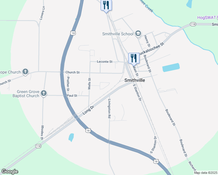 map of restaurants, bars, coffee shops, grocery stores, and more near 123 Hidden Grove Circle in Smithville