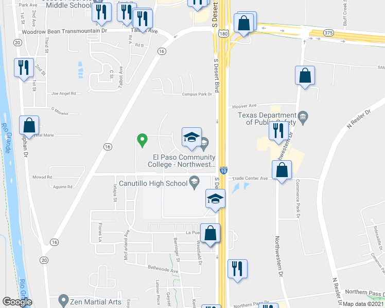 map of restaurants, bars, coffee shops, grocery stores, and more near 6701 South Desert Boulevard in El Paso