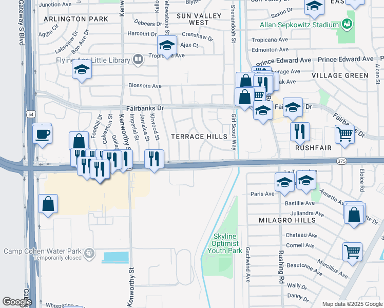 map of restaurants, bars, coffee shops, grocery stores, and more near 5000 Woodrow Bean Transmountain in El Paso