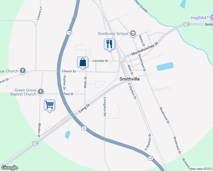 map of restaurants, bars, coffee shops, grocery stores, and more near 123 Hidden Grove Circle in Smithville