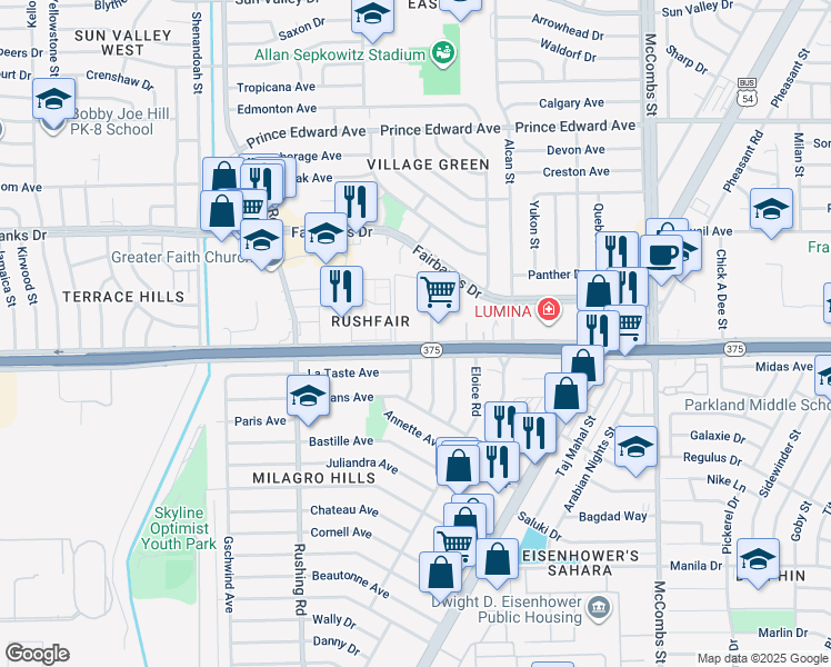 map of restaurants, bars, coffee shops, grocery stores, and more near 5317 Woodrow Bean in El Paso