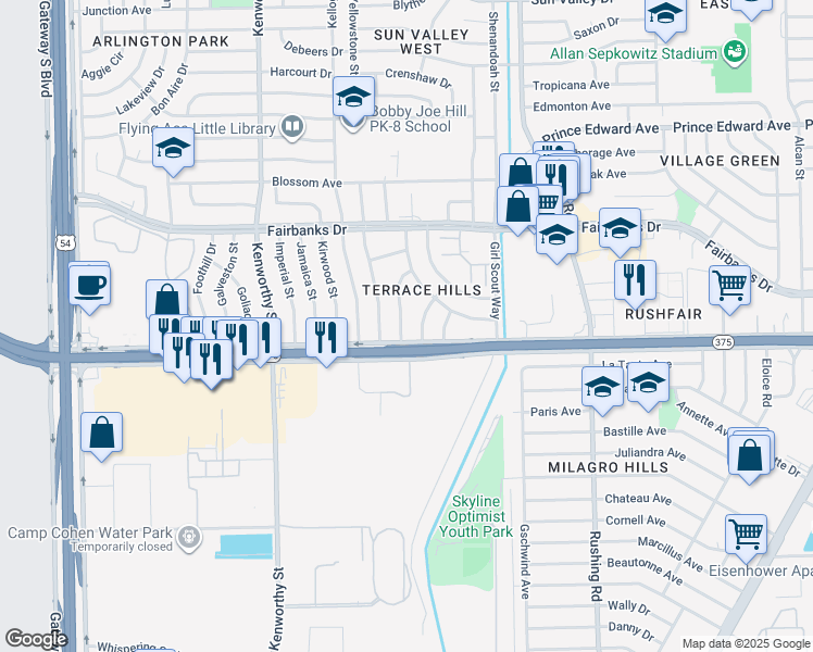 map of restaurants, bars, coffee shops, grocery stores, and more near 5000 Woodrow Bean Transmountain in El Paso
