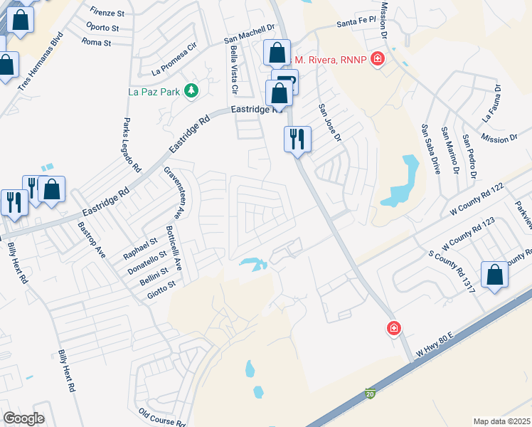 map of restaurants, bars, coffee shops, grocery stores, and more near 7611 Keyhaven Street in Odessa