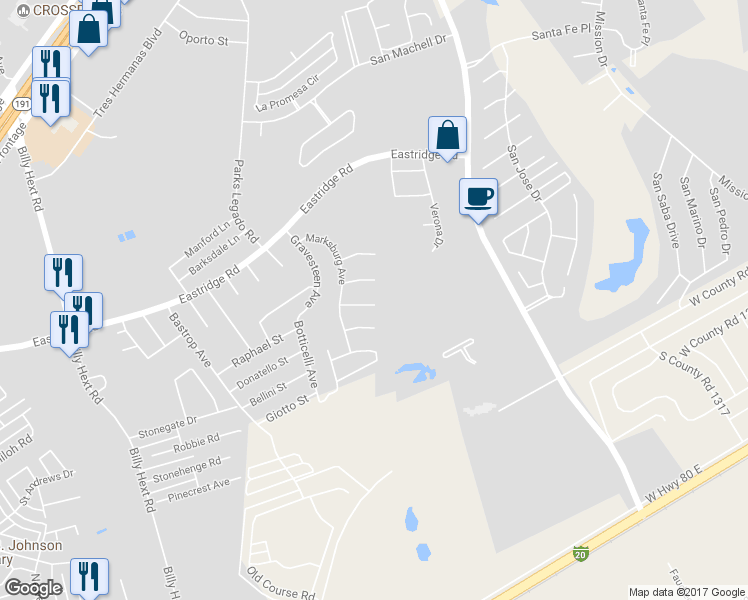 map of restaurants, bars, coffee shops, grocery stores, and more near 7611 Keyhaven Street in Odessa