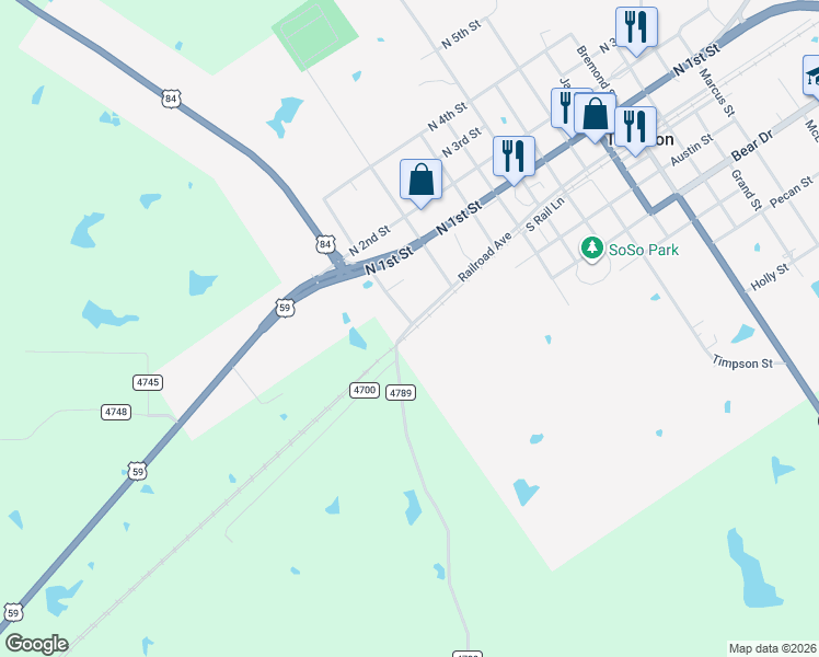 map of restaurants, bars, coffee shops, grocery stores, and more near County Road 4700 in Timpson