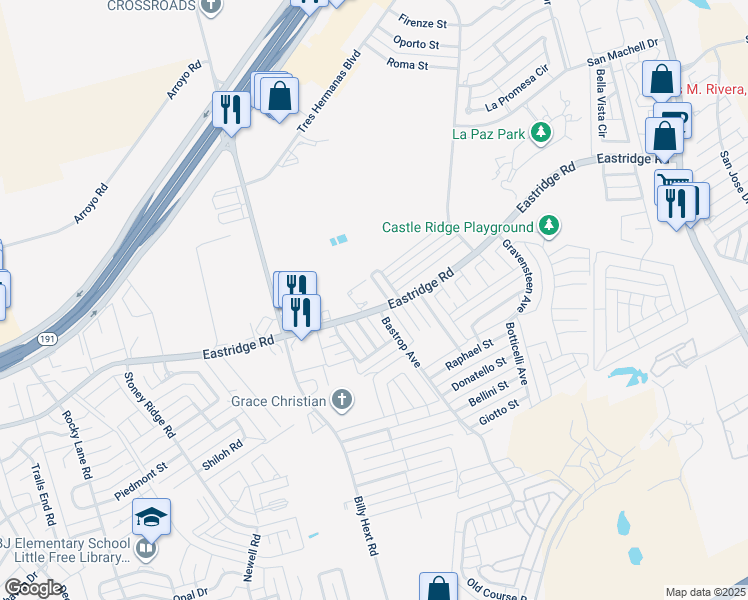 map of restaurants, bars, coffee shops, grocery stores, and more near 7155 Eastridge Road in Odessa