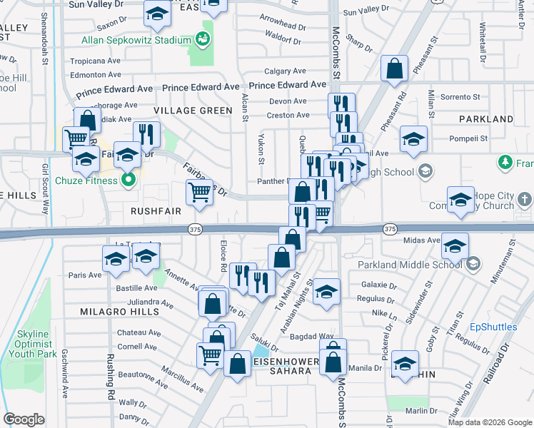 map of restaurants, bars, coffee shops, grocery stores, and more near 5612 Fairbanks Drive in El Paso