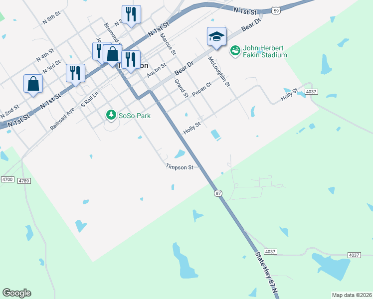 map of restaurants, bars, coffee shops, grocery stores, and more near Ross Graves Drive in Timpson